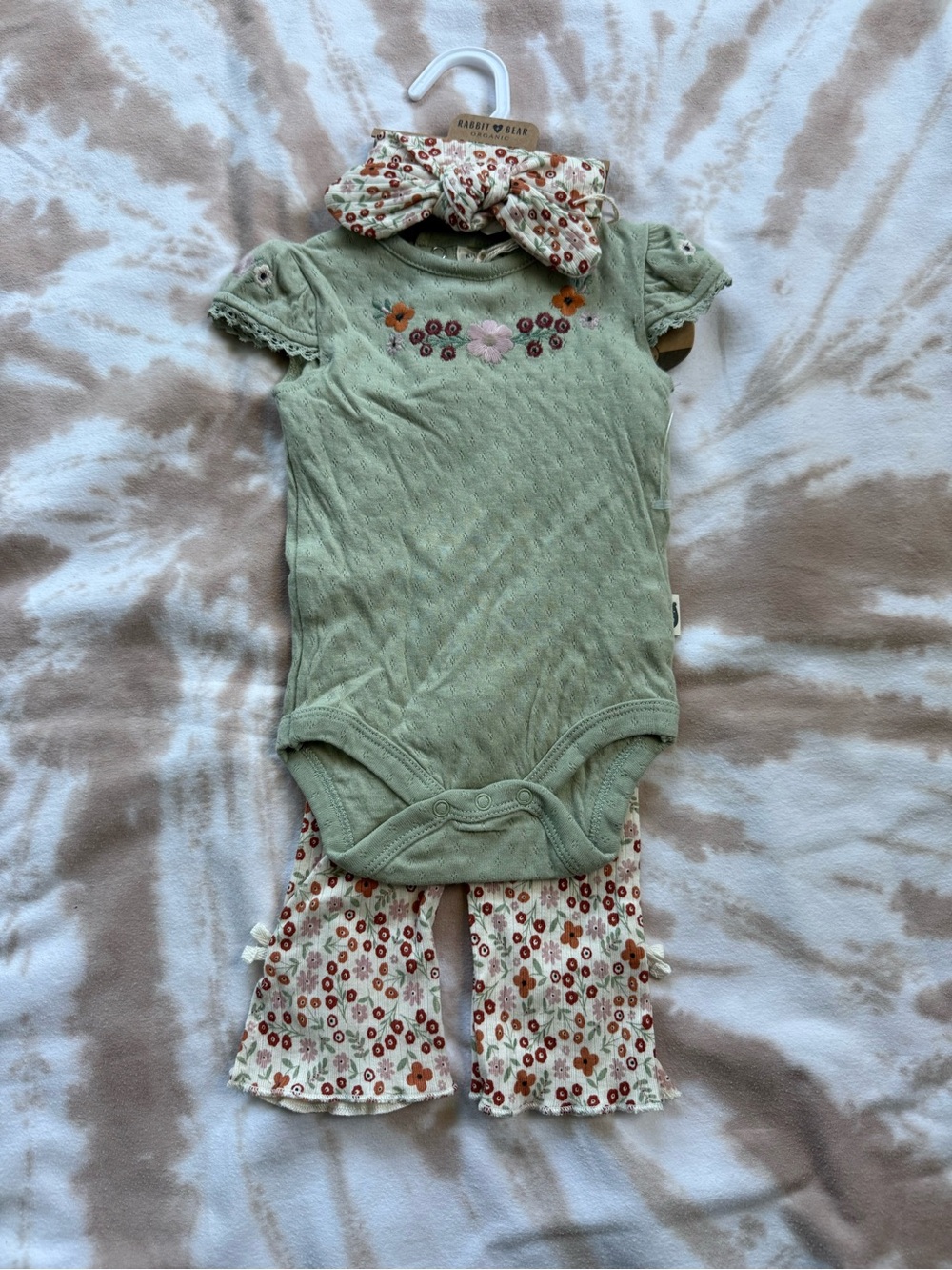 0-3 Month Green and Floral Flare Pants & Headband Set